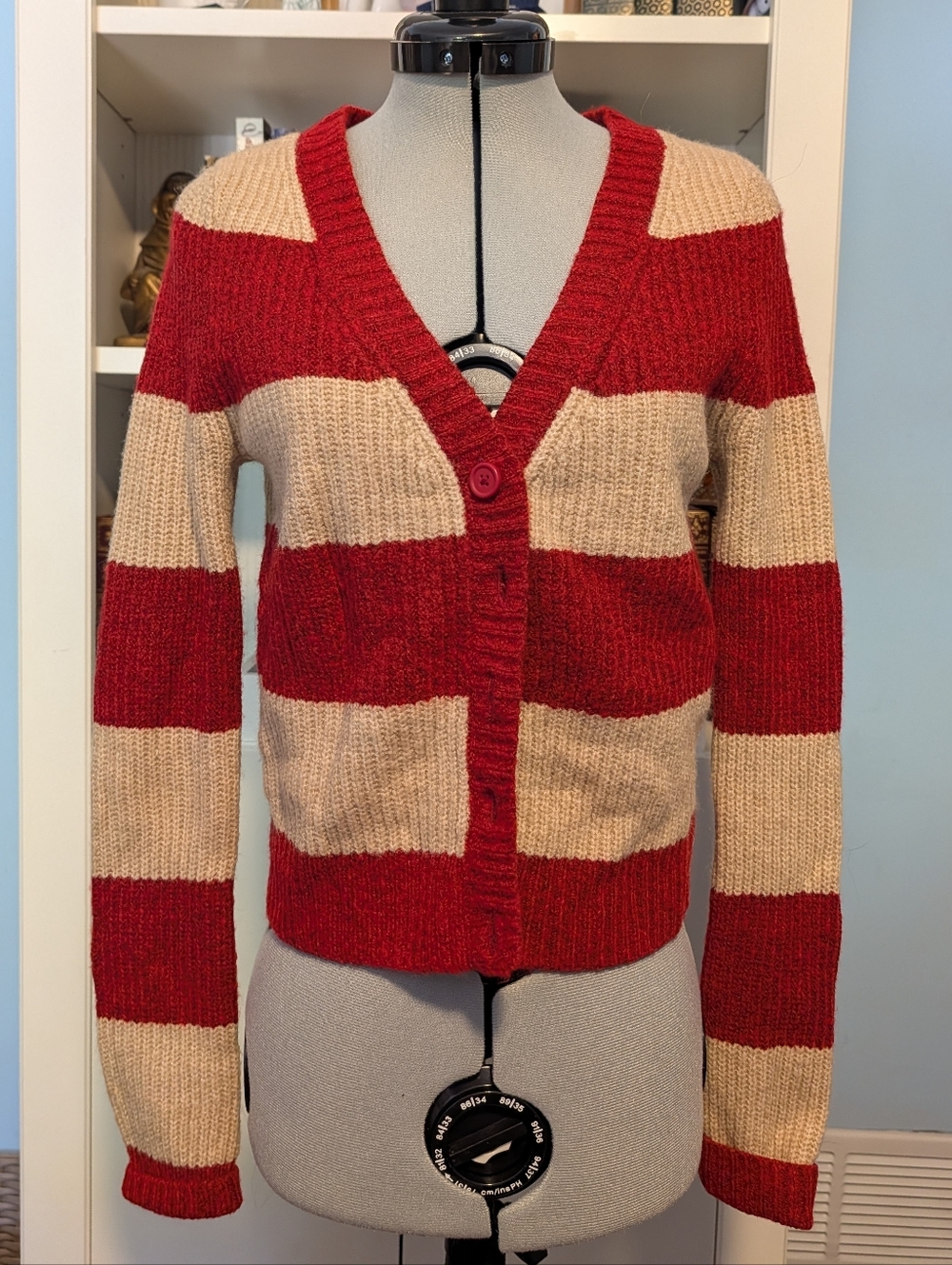 American Eagle Outfitters Red and Cream Striped V-Neck Button Cardigan